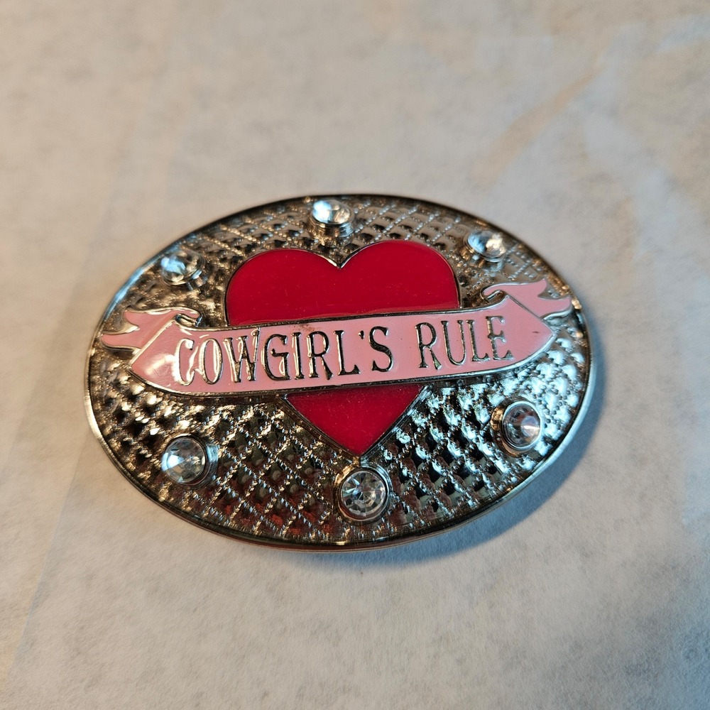 Nocona Cowgirls Rule Y2K Belt Buckle Silver Red Heart Pink Banner Rhinestone - Picture 2 of 6